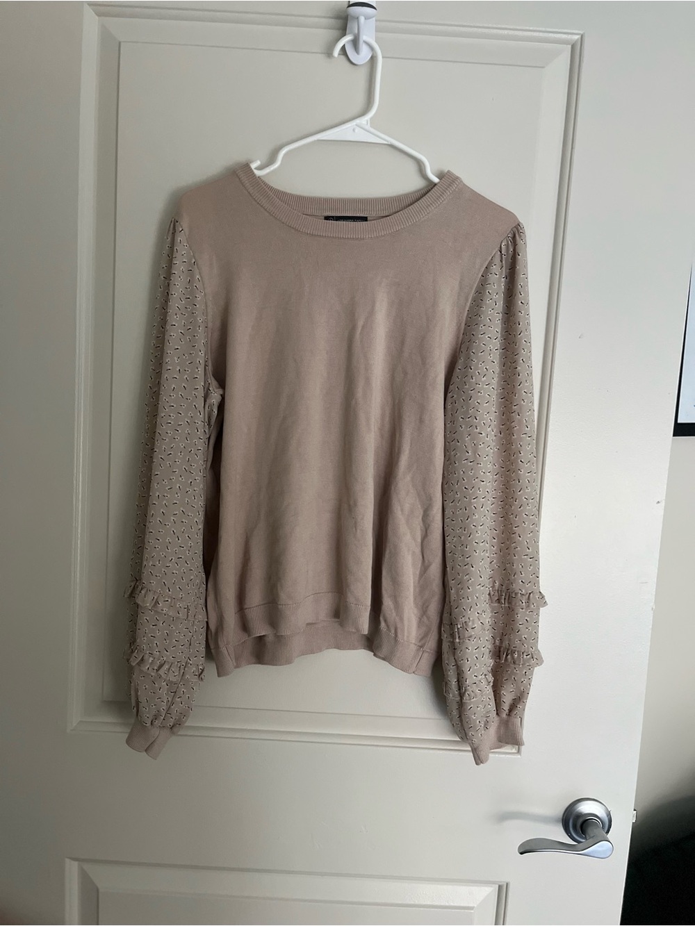 Adrianna Papell Beige Knit Pullover with Eyelet Ruffle Sleeves
